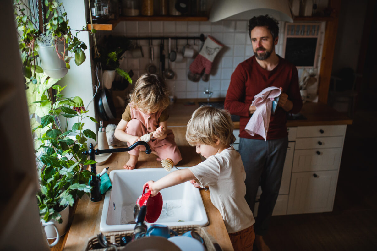 Kids Doing chores together and having fun